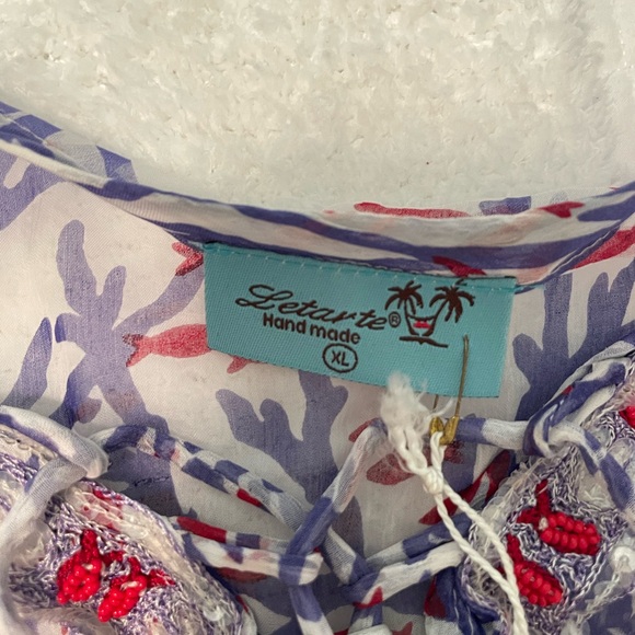 Original Letarte Swim Coverup Tunic Fish Sheer Blue Red  Silk XL Lace up poncho - Picture 5 of 5